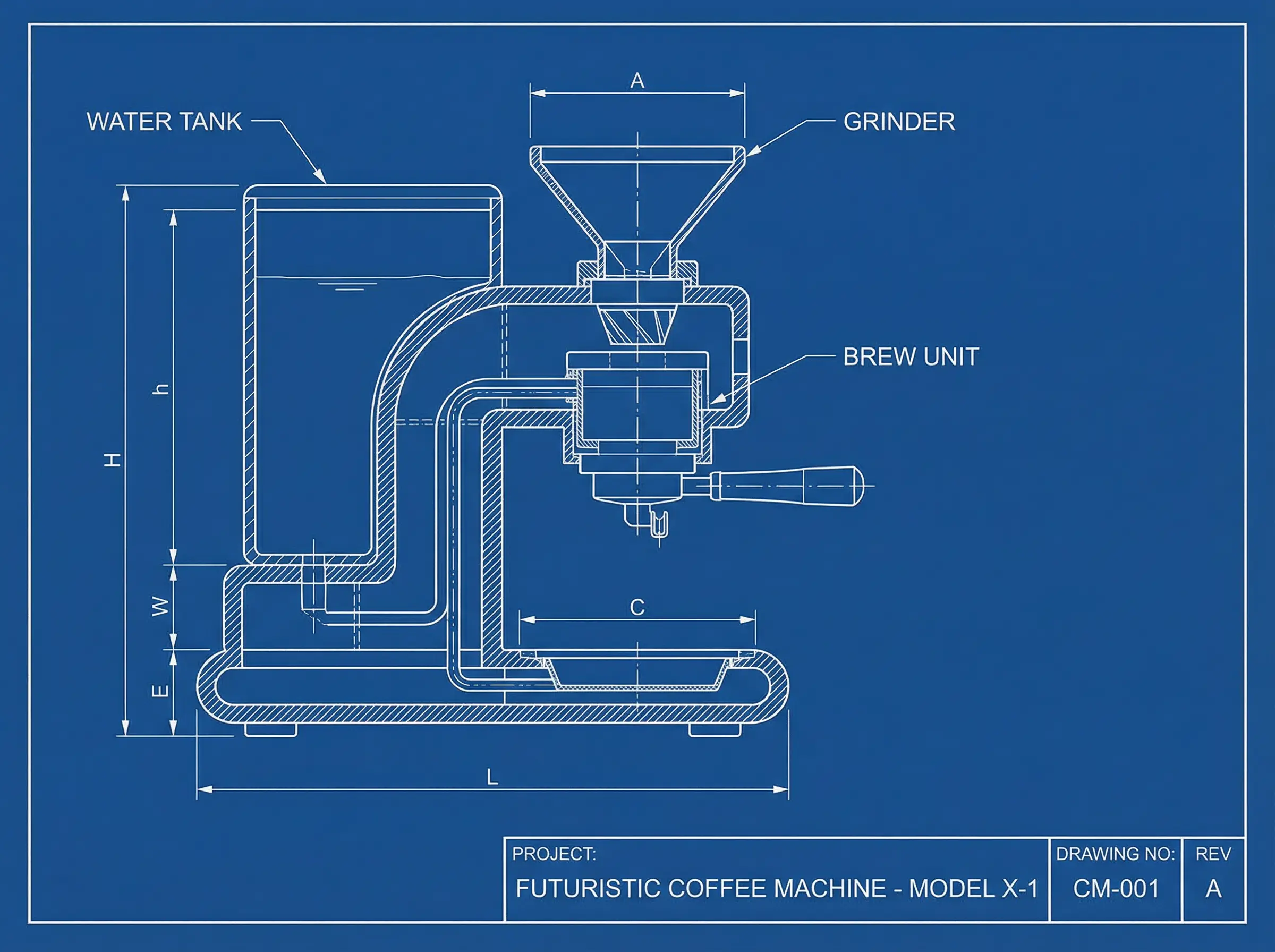 Blueprint Style Technical Drawing of a Futuristic Coffee Machine