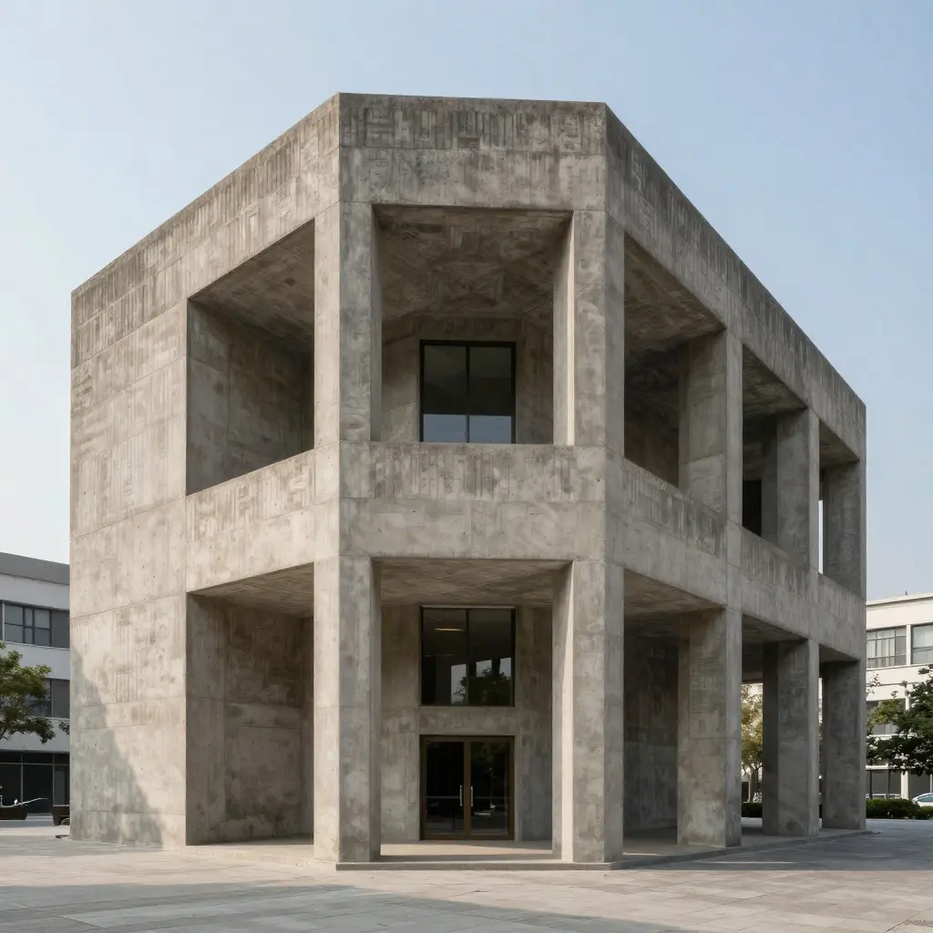 Brutalist concrete structure, geometric forms