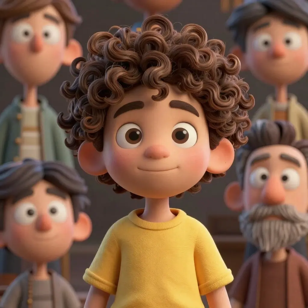a boy with curly hair and yellow shirt