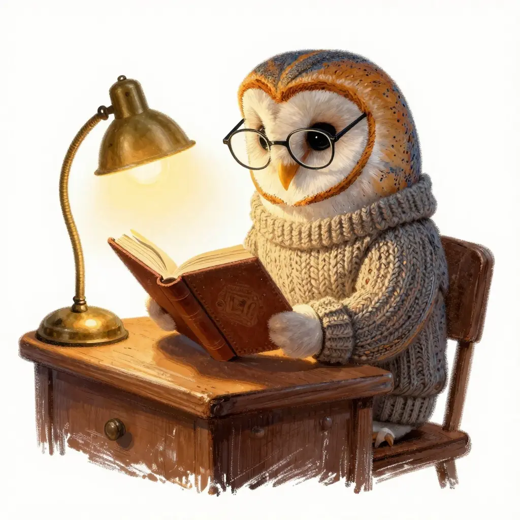 An illustration of an anthropomorphic barn owl sitting at a small wooden desk