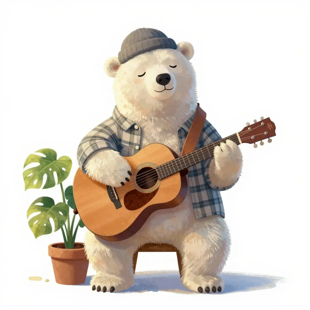 An illustration of a gentle anthropomorphic polar bear sitting on a wooden stool