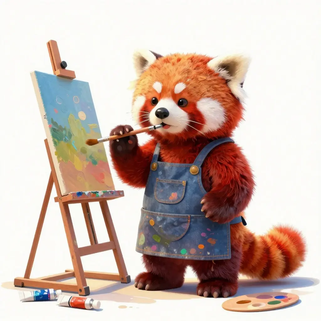 An illustration of a creative anthropomorphic red panda standing in front of an easel
