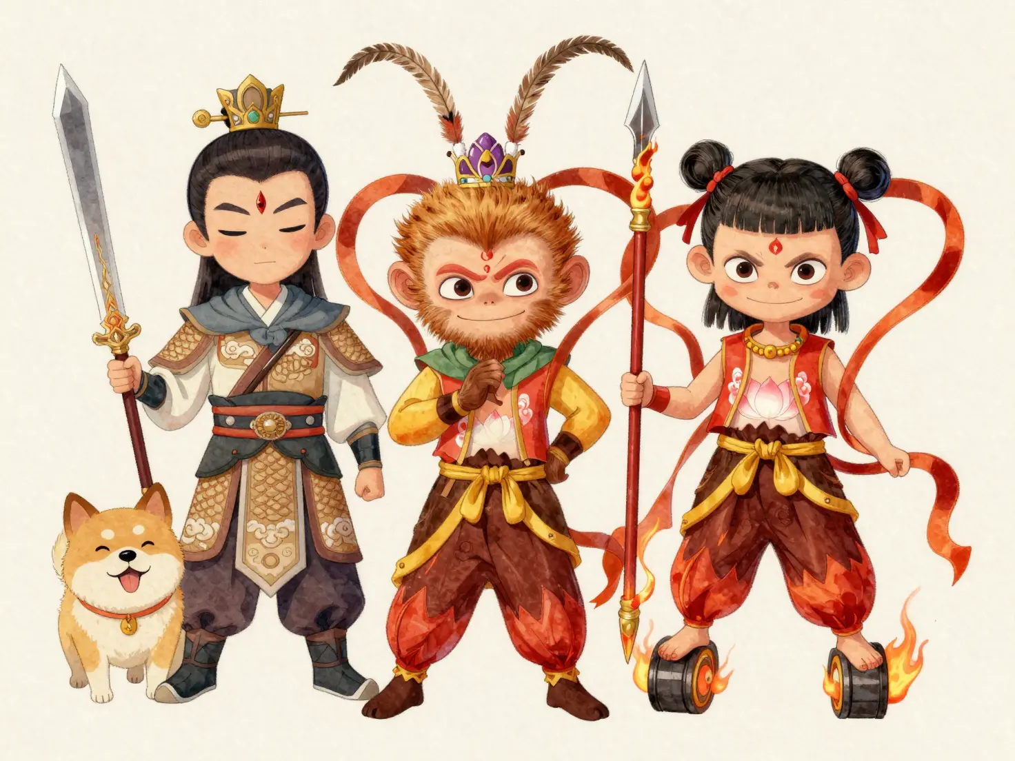 Q-version cute illustration of Erlang Shen, Sun Wukong, and Nezha from Chinese mythology