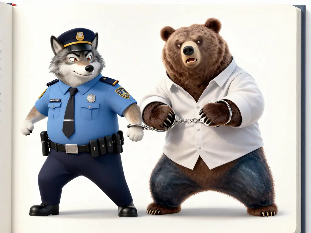 highly detailed book illustration of a chubby wolf in a police uniform