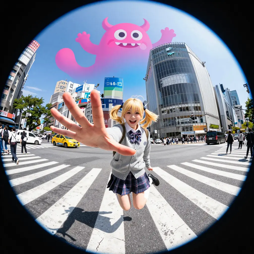 Fisheye photo of a schoolgirl jumping at Shibuya Crossing with a surreal floating monster above