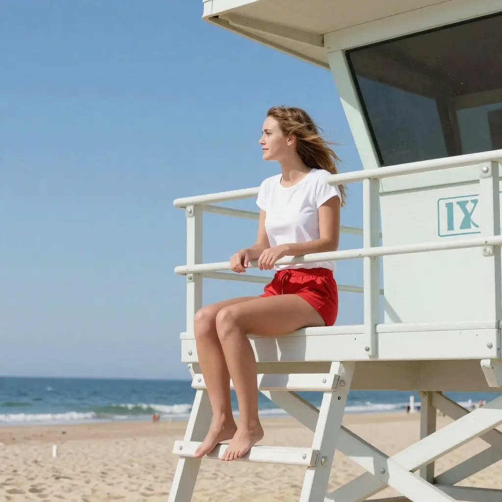 A lifeguard girl sitting on a white tower overlooking a sunny beach