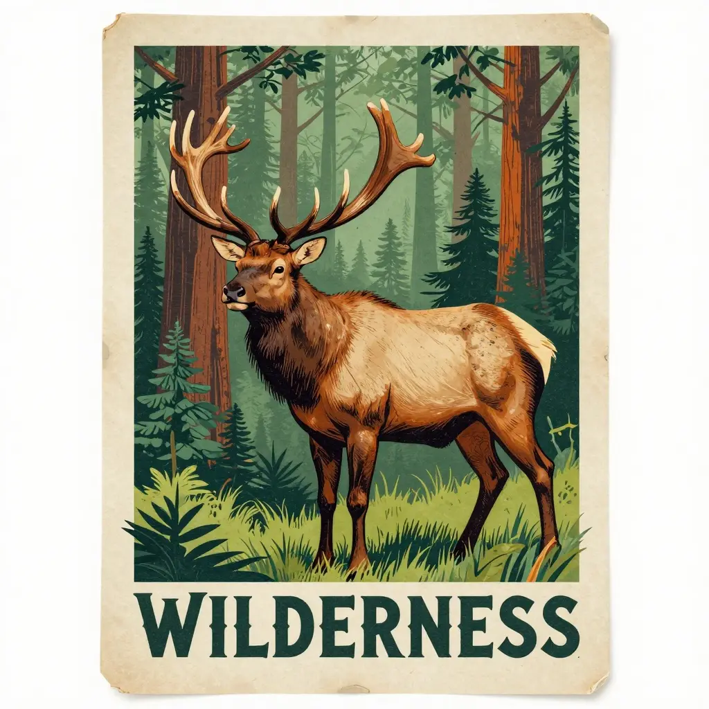 Lithograph poster of a majestic elk in a redwood forest with vintage typography