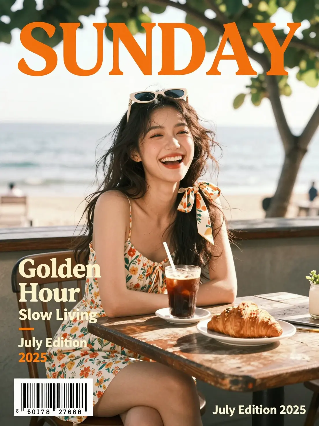 SUNDAY magazine cover: Chinese woman laughing at seaside café in golden hour light