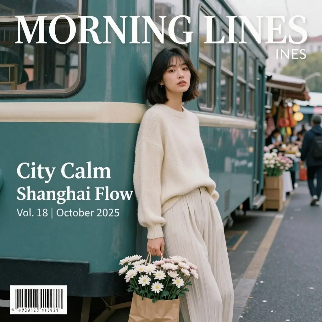 Fashion magazine cover featuring a Chinese woman by a teal tram in a Shanghai morning market