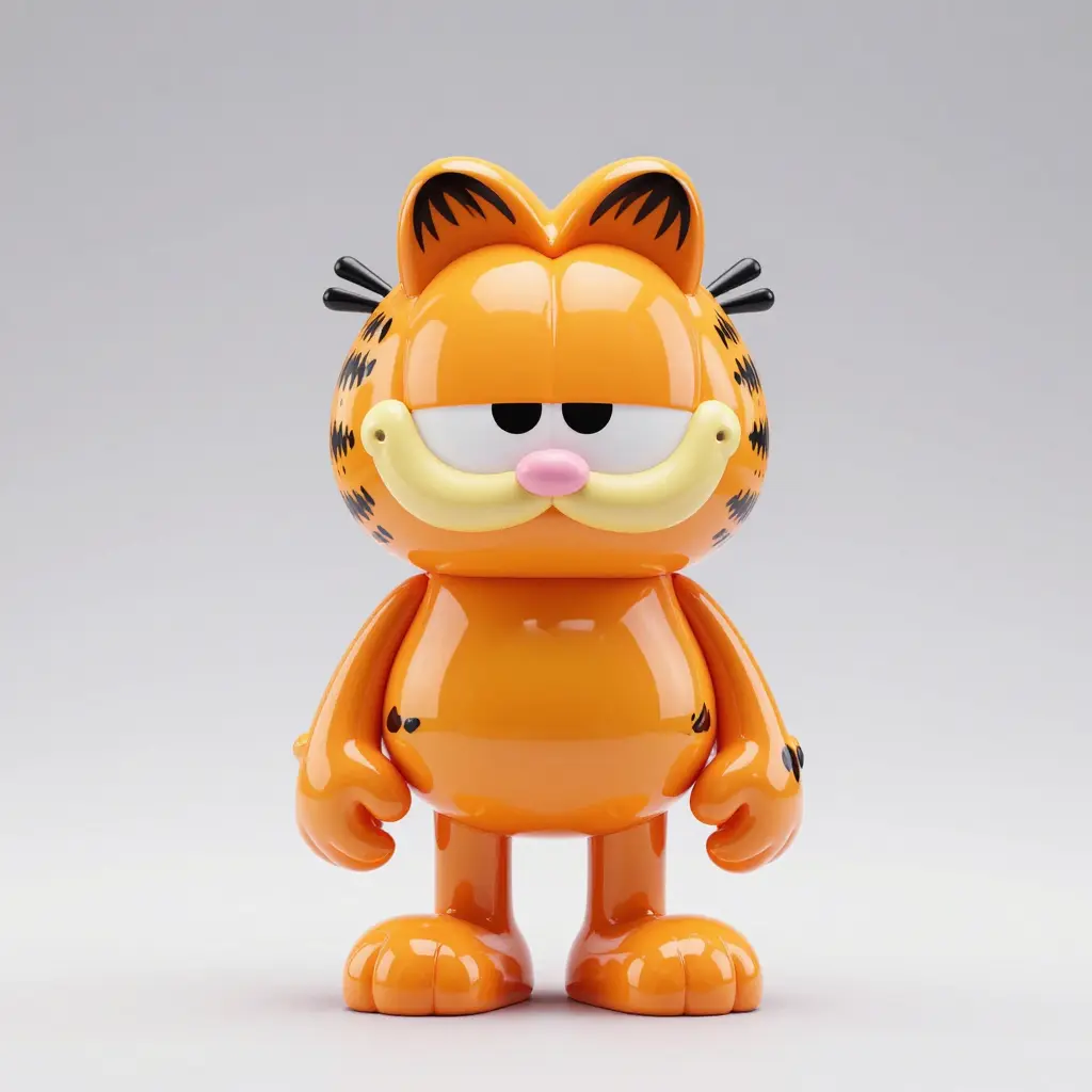Premium 3D-rendered glossy vinyl Garfield collectible figure on gradient background