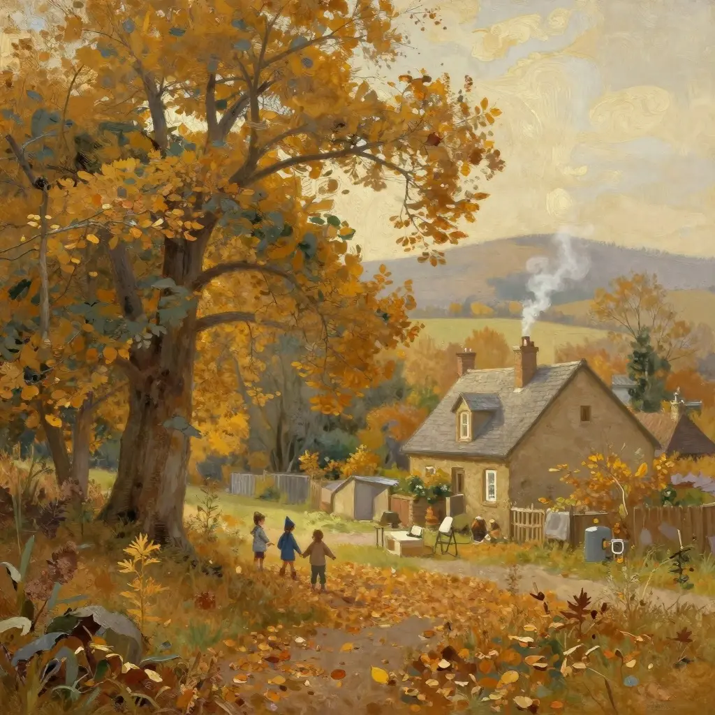 A serene impressionist painting of a quiet village during autumn