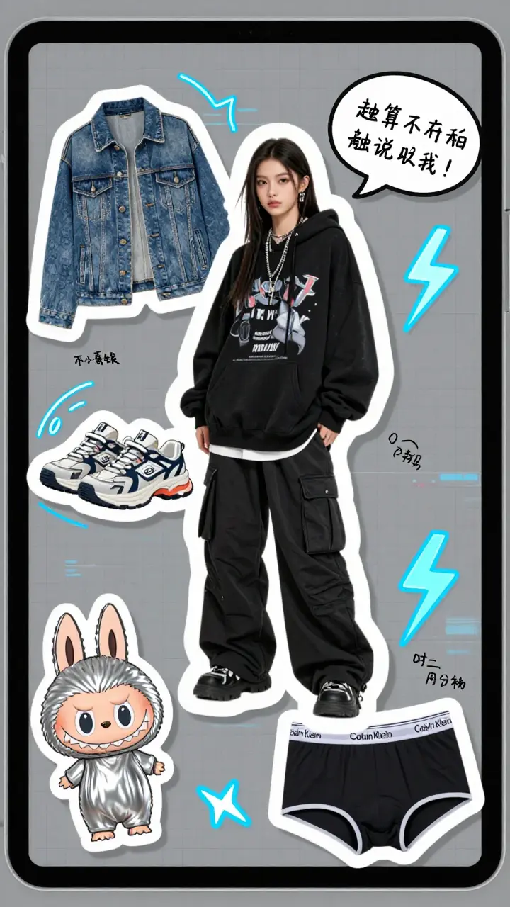 Streetwear OOTD mood board with silver Labubu, glitch background and urban fashion elements