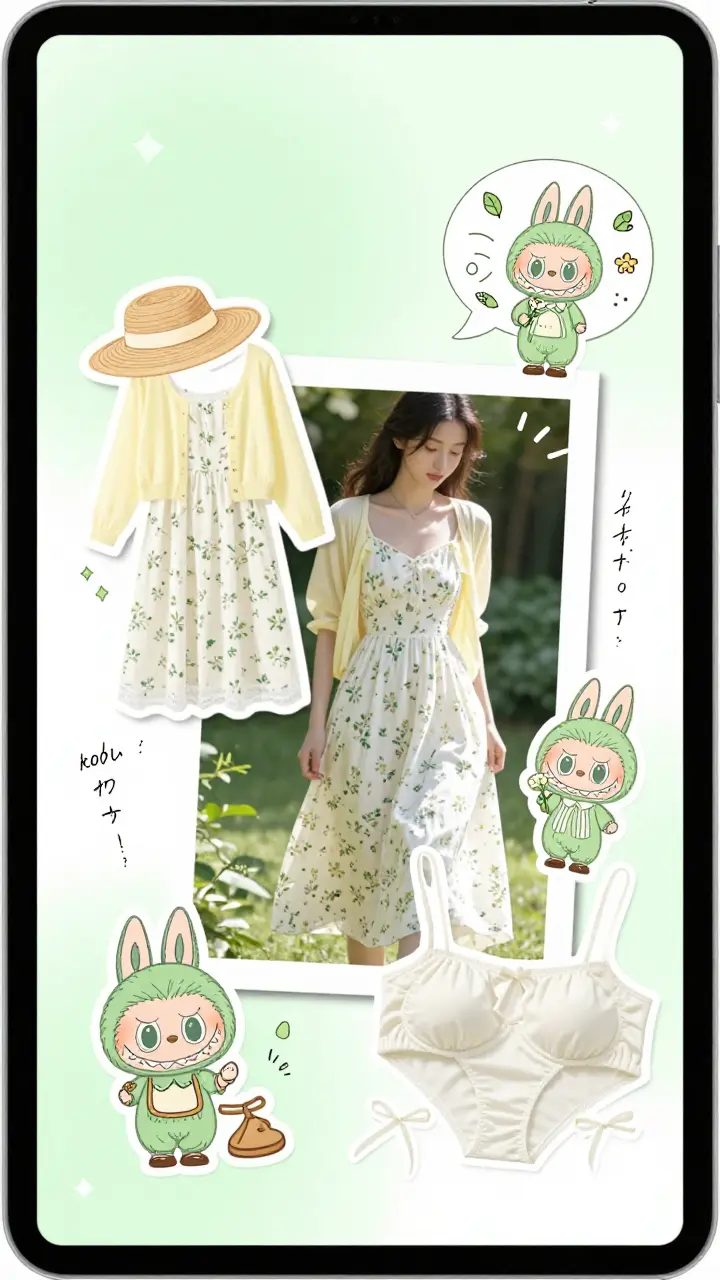 Summer garden OOTD mood board with Labubu doll, floral dress and mint green watercolor background