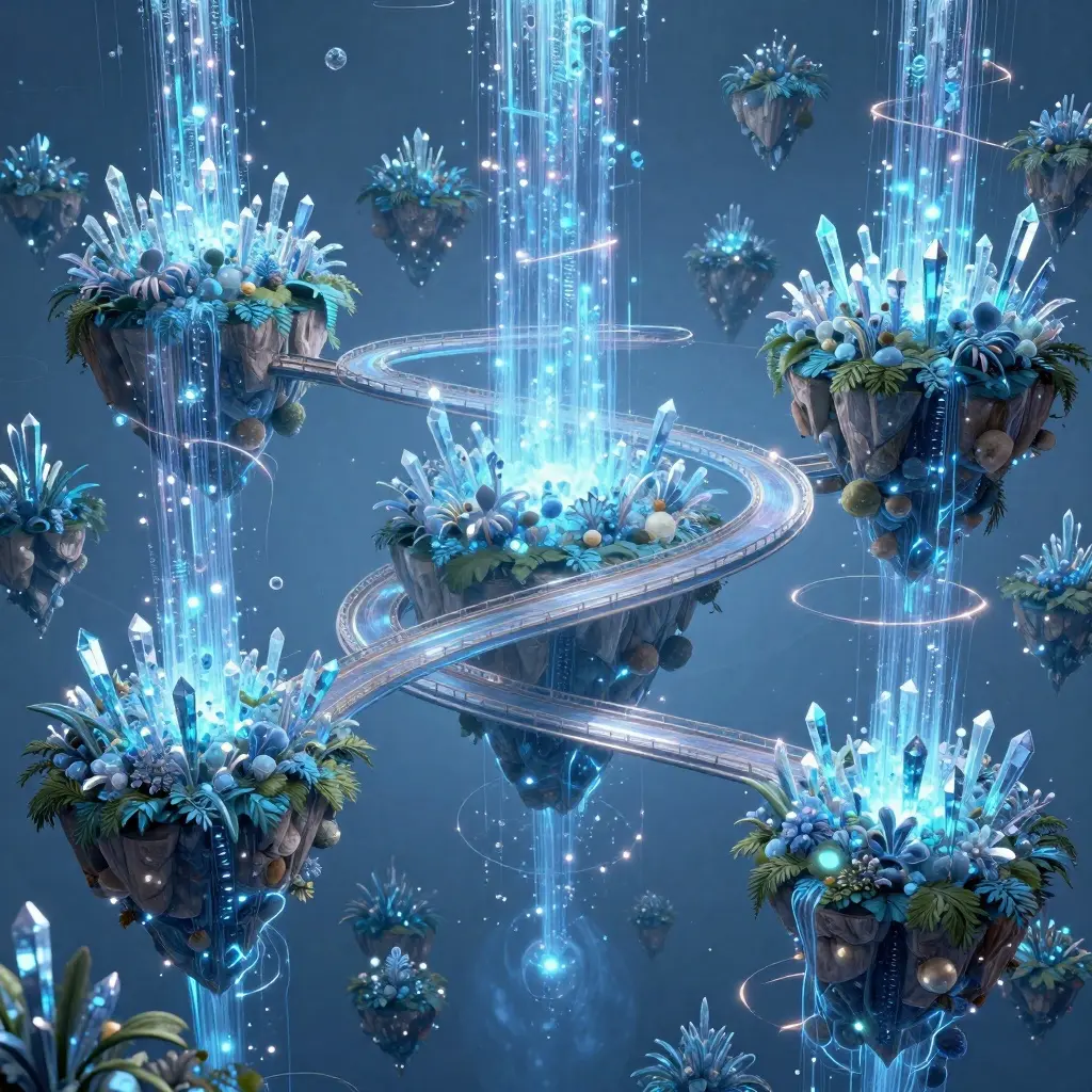 A surrealist dreamscape featuring floating islands connected by twisting, glowing bridges